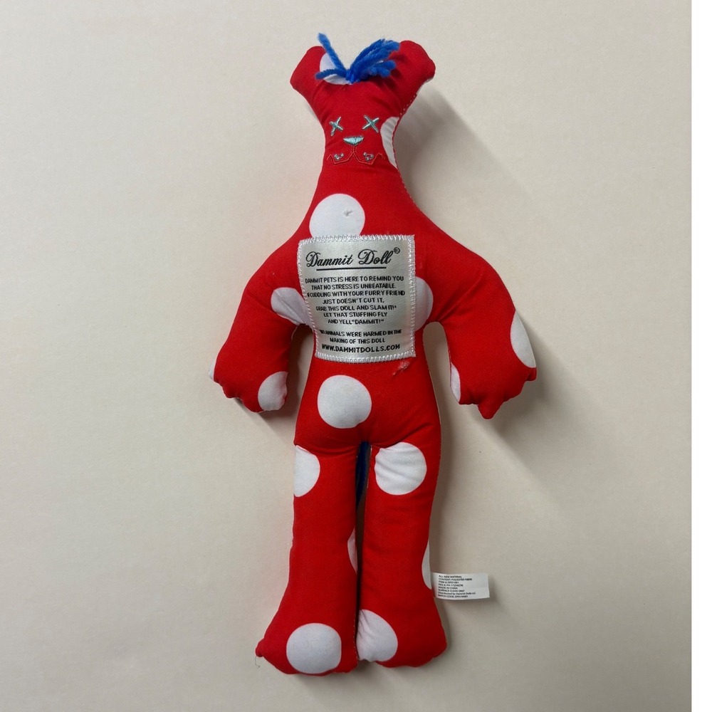 Dammit Doll Pets Red White Polka Dot Stress Relief Plush Toy Blue Hair Tail 12"